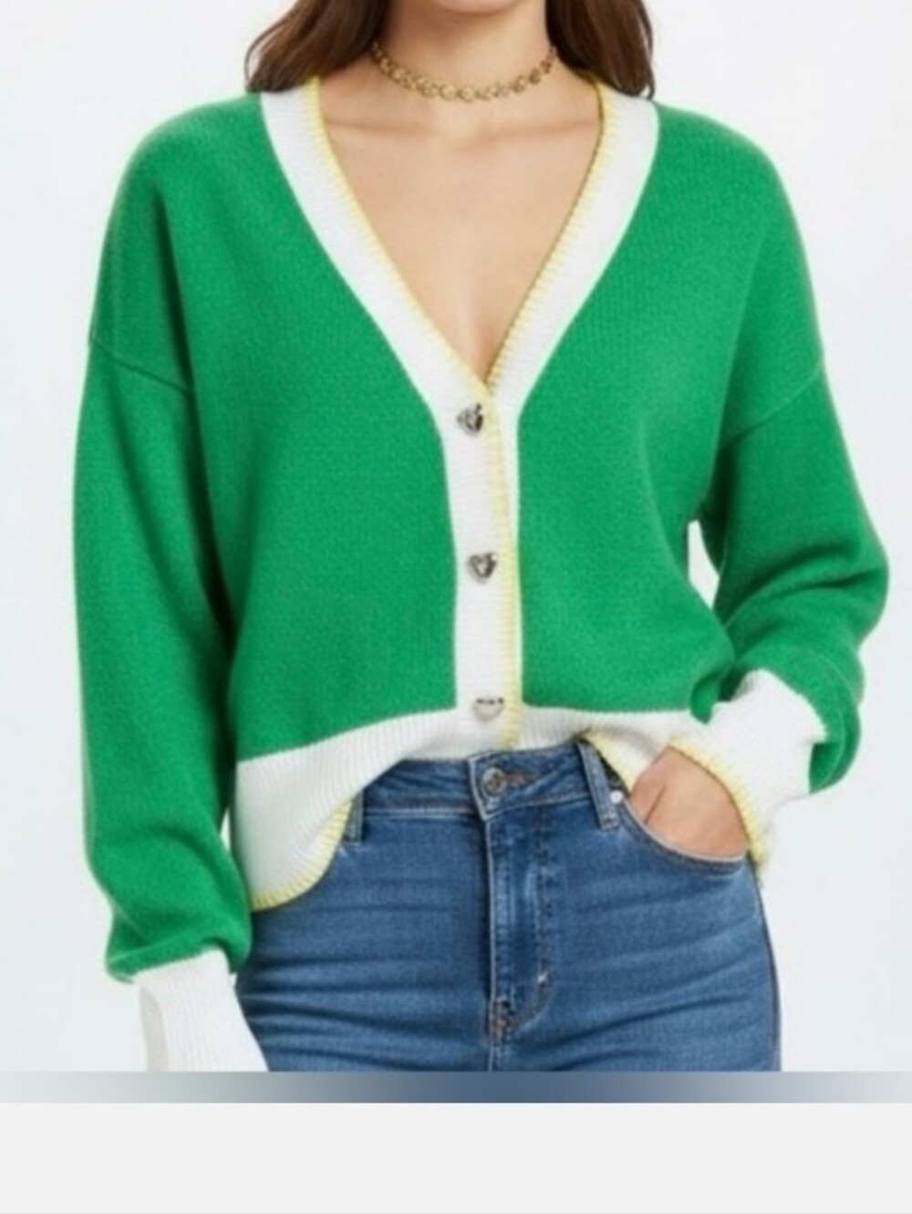 Kerri Rosenthal XO Drippy Heart-Button Cardigan Sweater
